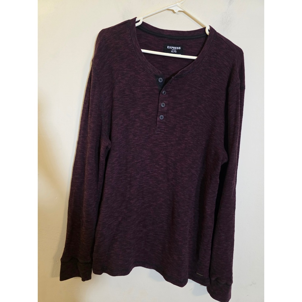 Express Mens Waffle Knit Henley Shirt XL Burgundy Plum Marled Thermal Top